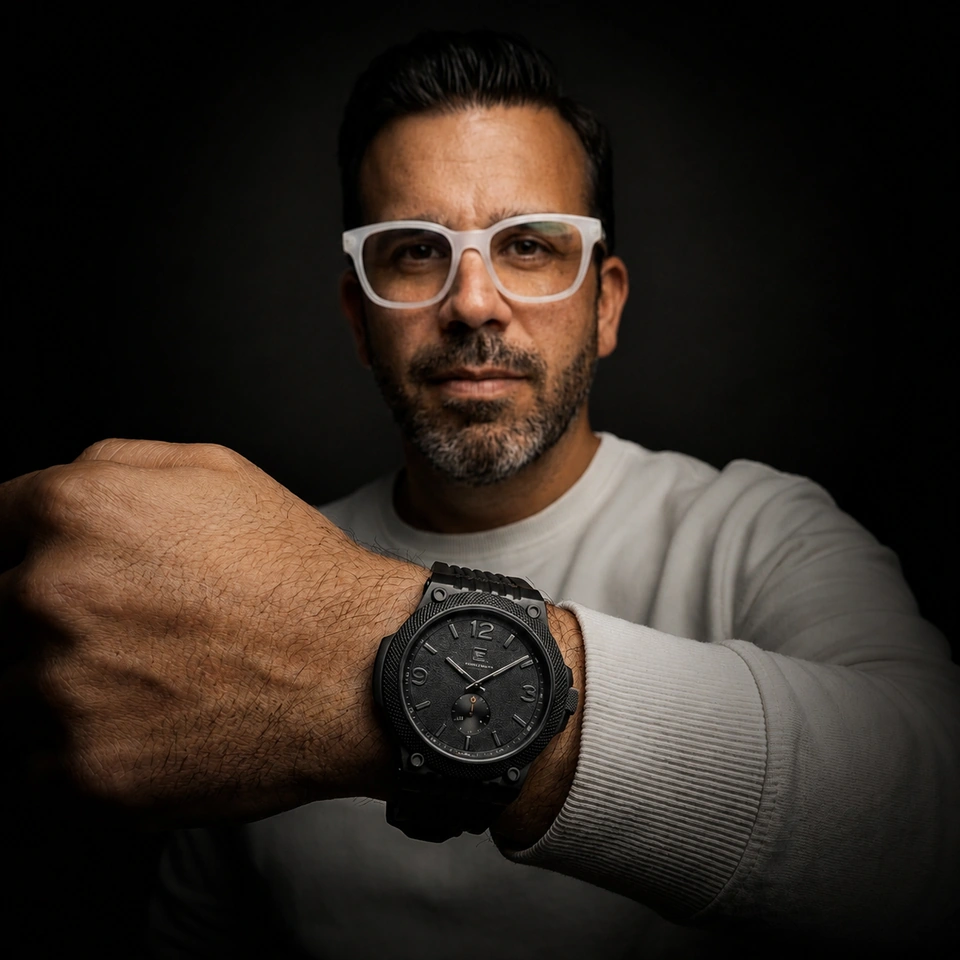 André Wegner in a light sweater and white-framed glasses, holding his wrist toward the camera to show a black watch.