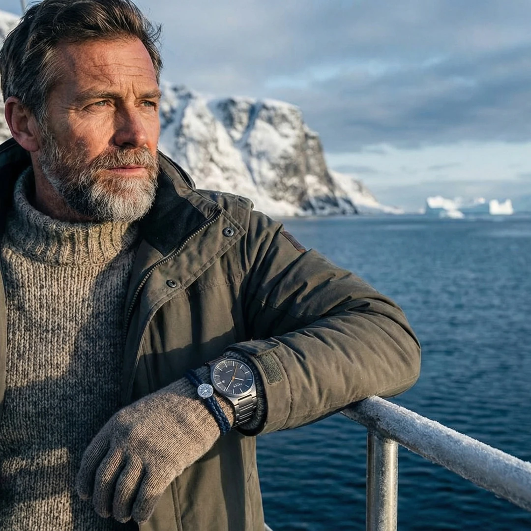 A man in a knitted sweater and field jacket leans on a ship railing, a watch on his wrist, with snow-covered cliffs and icebergs behind him.