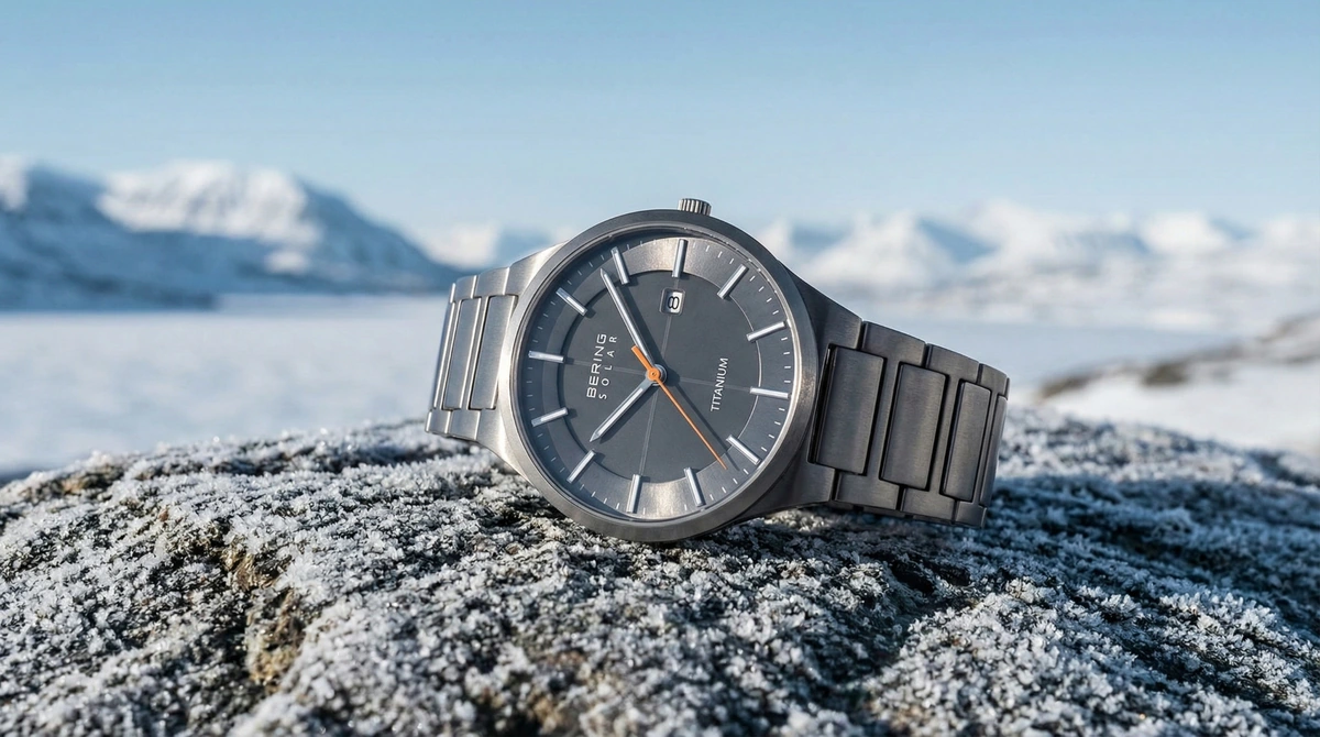 A BERING watch with a grey dial and an orange seconds hand lying on frost-covered rock, snowy mountains behind.