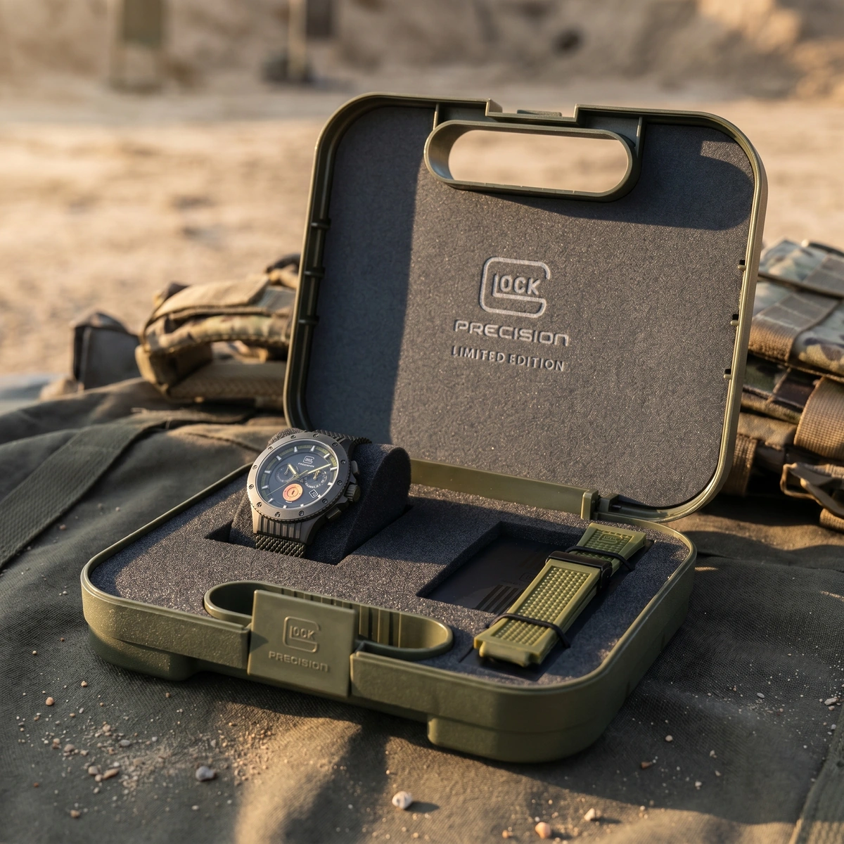 An open olive GLOCK Precision case holding one watch and a second, olive strap, resting on outdoor gear in the sand.