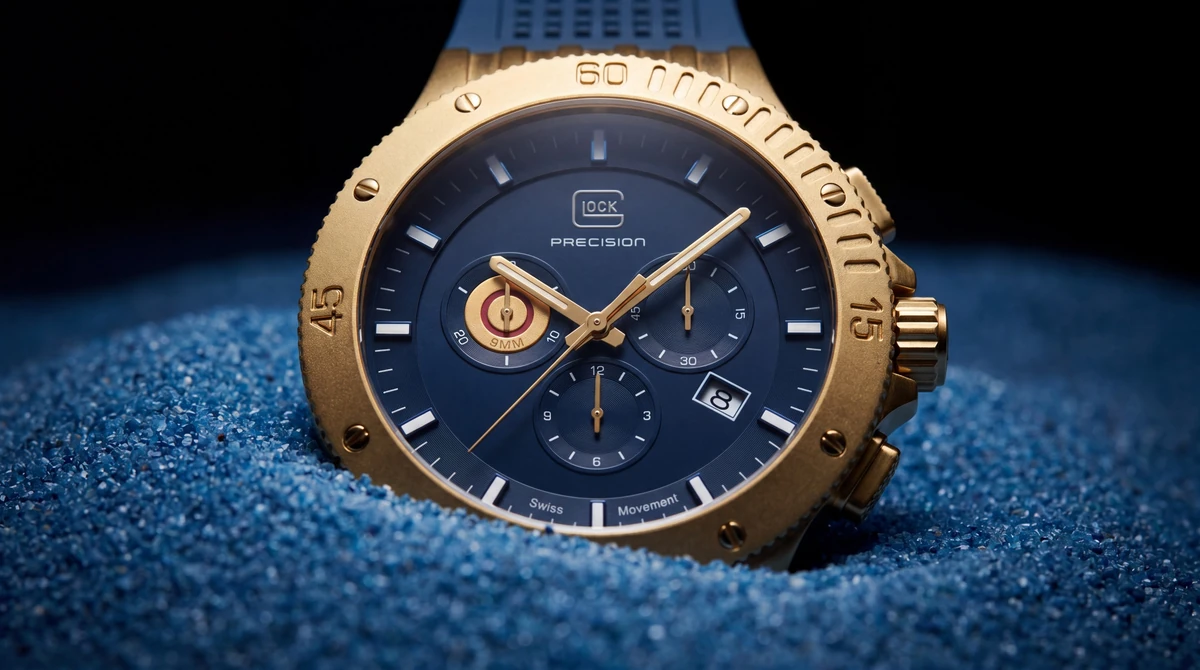 A GLOCK Precision chronograph with a gold-coloured bezel and a navy dial, set into blue sand.