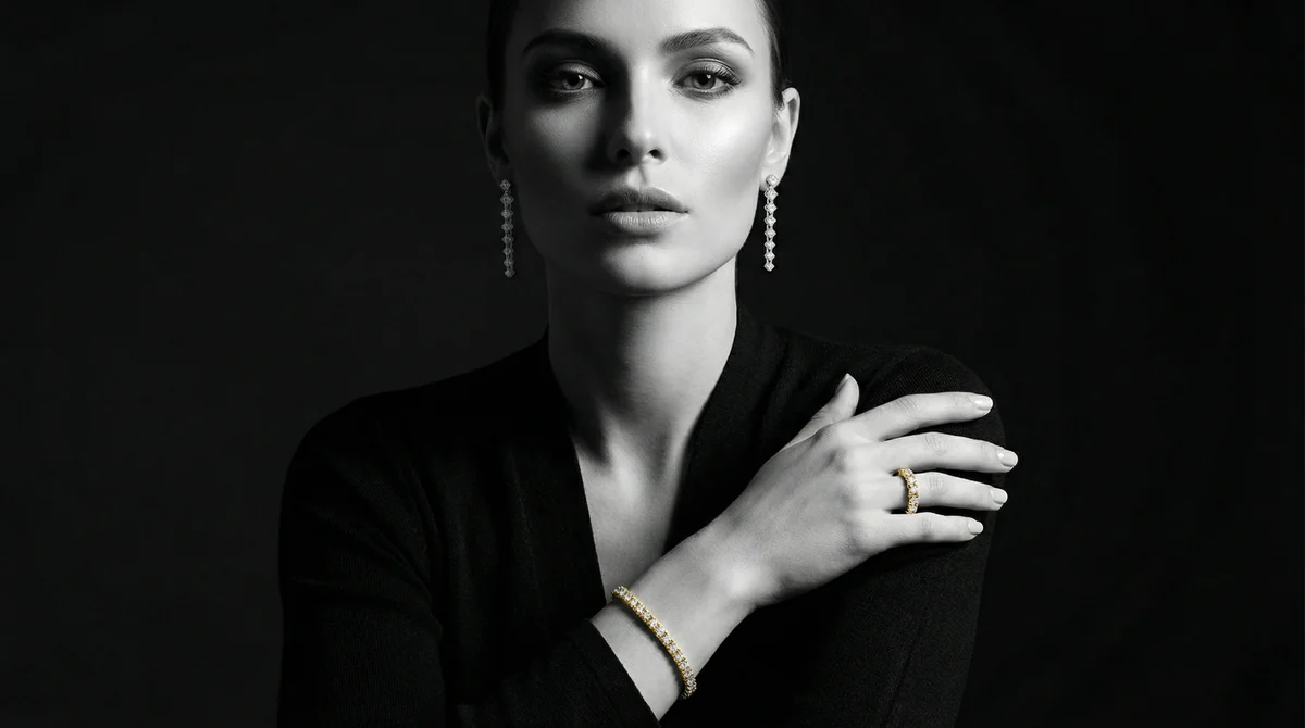 Black-and-white portrait of a woman in a black top wearing drop earrings, a ring and a bracelet.