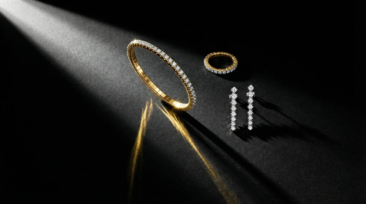 A bracelet, a ring and a pair of drop earrings set with stones, caught in a single beam of light on a dark surface.